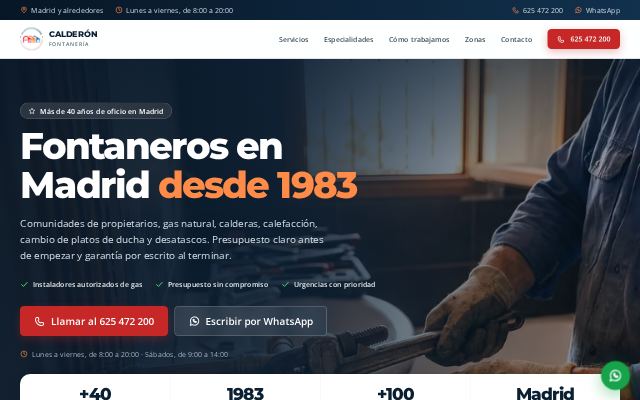 Captura de la página web de Fontanería Calderón, hogar y servicios